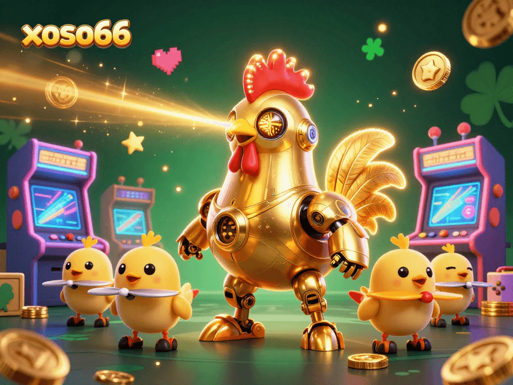 Experience the thrill of xoso66 with golden rooster robots and arcade machines in a vibrant casino environment.