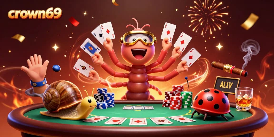 Crown69 enables high-stakes poker action as a colorful millipede dealer showcases cards and chips.