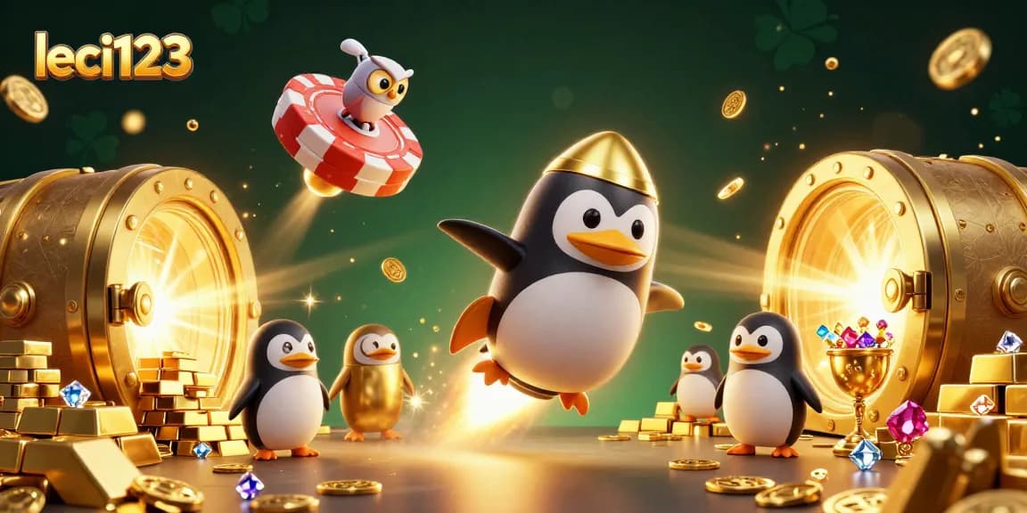 Experience the excitement of leci123 with a dynamic golden penguin soaring towards a casino in style!