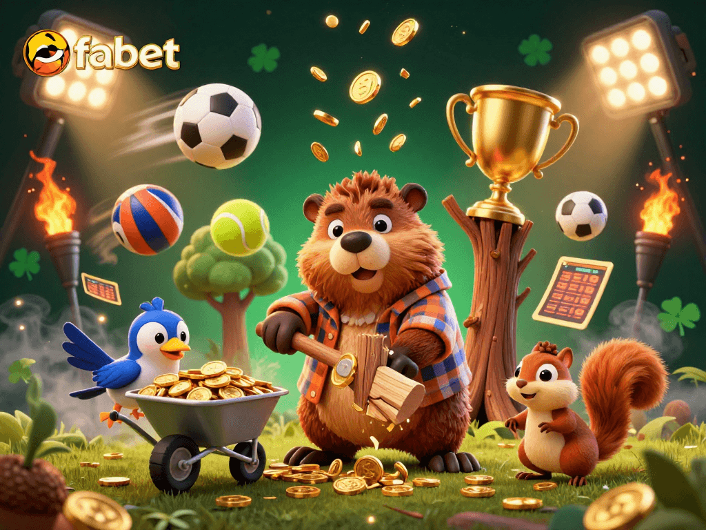 Experience the excitement of fabet with a dynamic scene of characters collecting golden coins amidst sports elements.