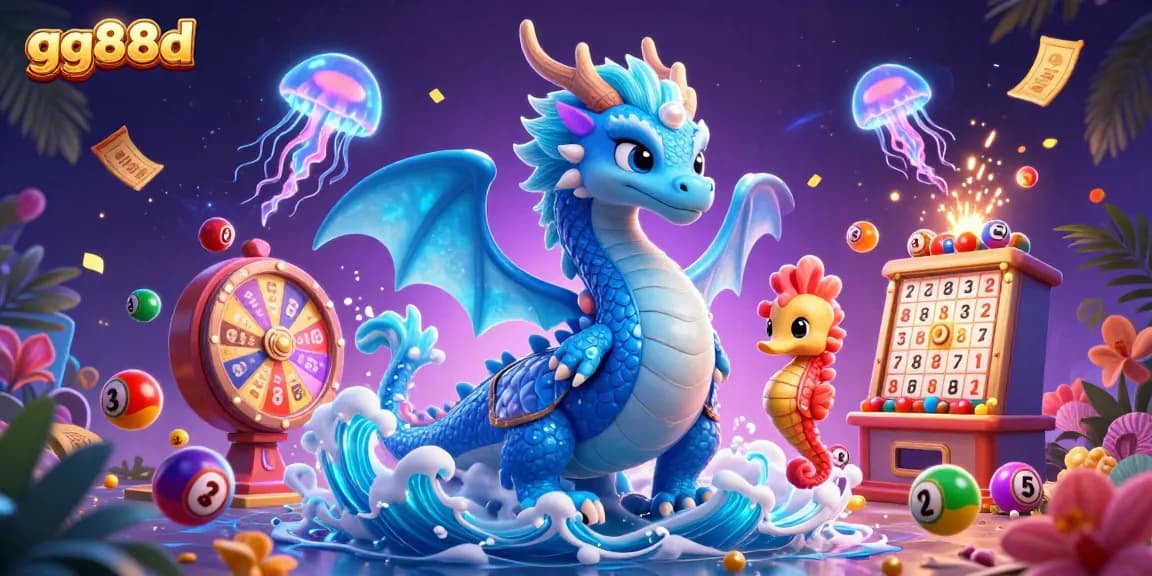 Experience exciting gameplay with gg88d in this vivid casino illustration featuring a dragon, seahorse knight, and colorful lottery elements.