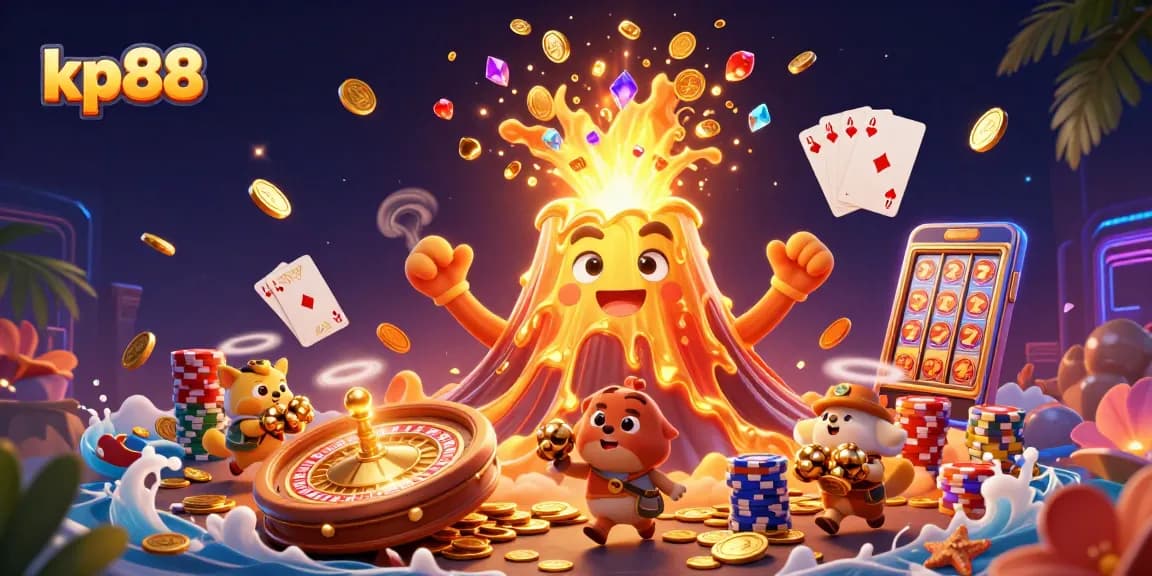 Boost your excitement at kp88 with a dynamic 3D illustration showcasing casino fun and treasures.