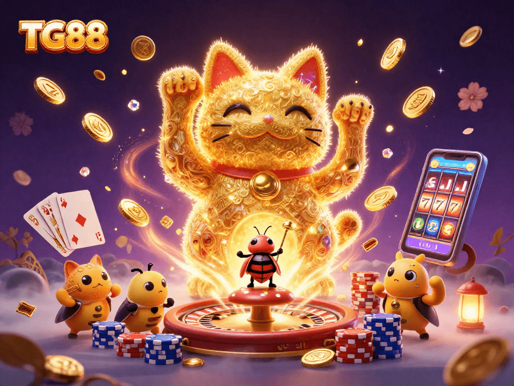 Experience the excitement at TG88 with a vibrant lucky cat illustration among casino symbols.