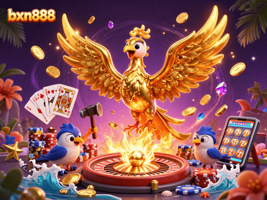 Experience bxn888 as the molten phoenix rises, surrounded by shimmering casino elements.