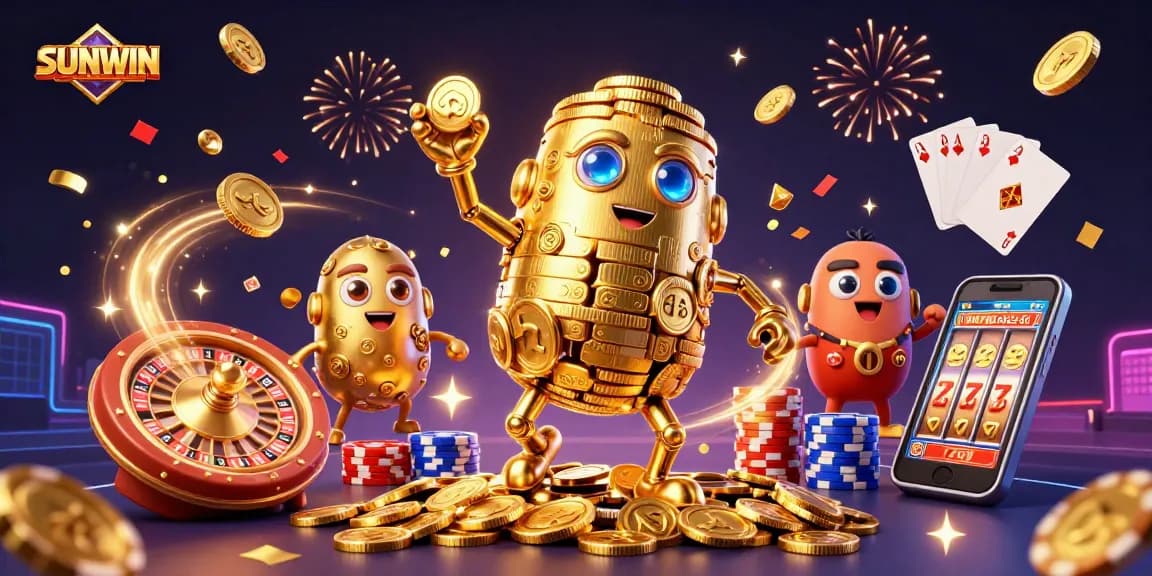 SUNWIN showcases an exciting scene with a golden golem, casino elements, and vibrant effects.