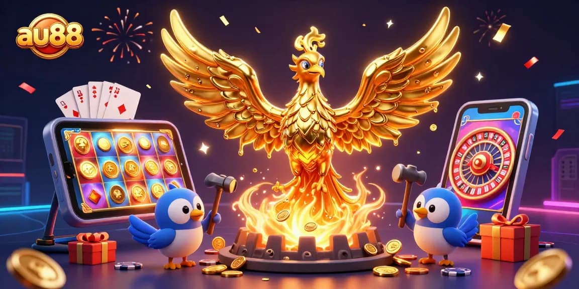 Experience the thrilling world of au88 with a golden phoenix and exciting casino elements.