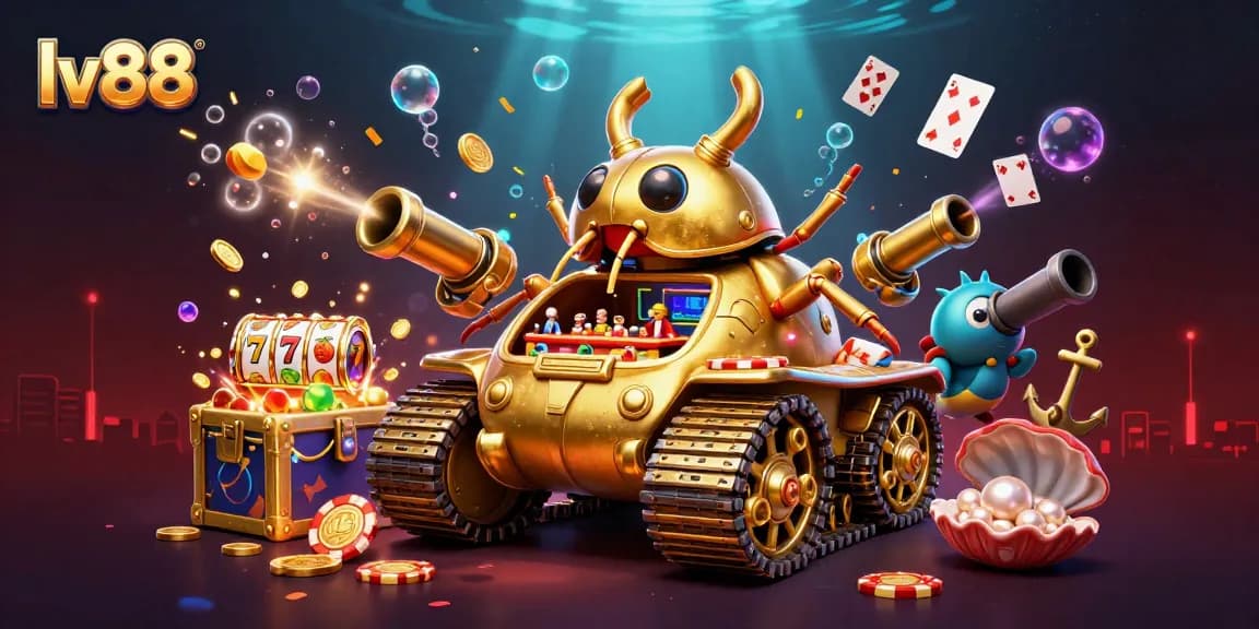 Engage with lv88's vibrant 3D casino scene, featuring a golden beetle tank showcasing exciting gaming elements.