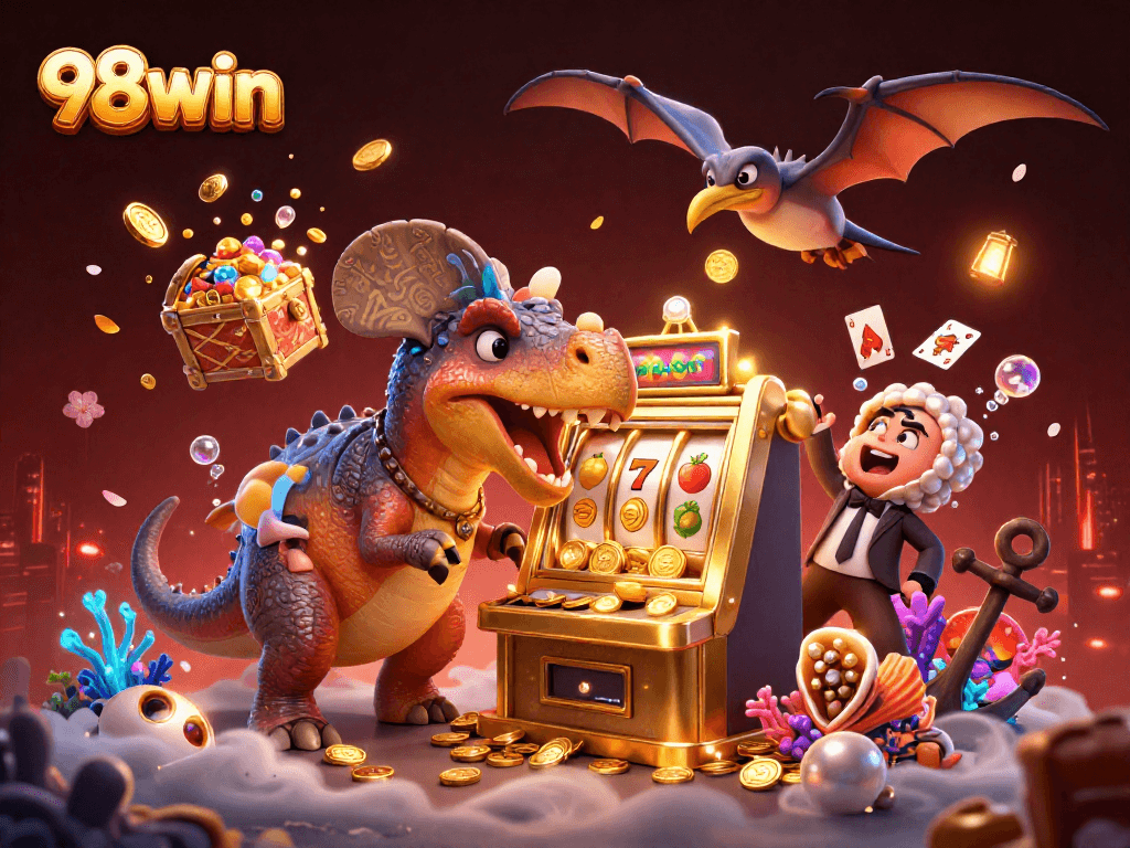 98win slot machine scene with dinosaur characters winning jackpot coins in a vibrant casino