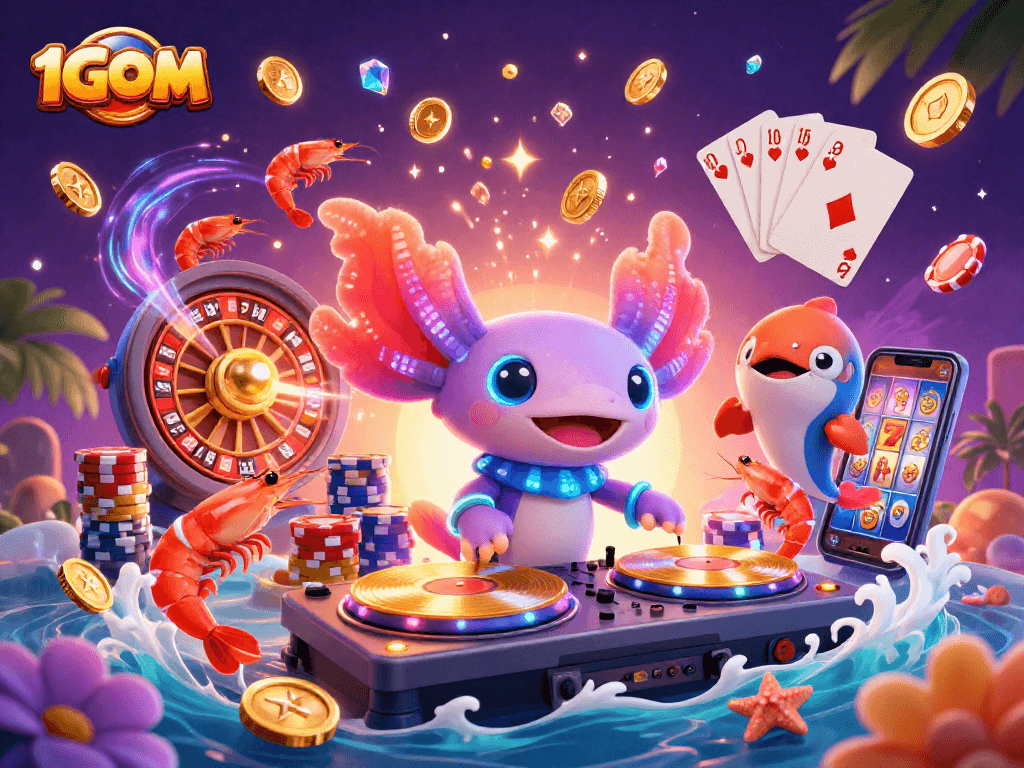 Spin winning bets with 1GOM's dynamic casino scene featuring axolotl DJ and lively aquatic friends.