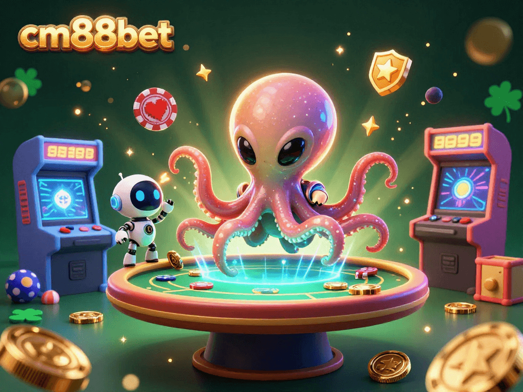 Join the alien octopus and robot at the cm88bet poker table in a vibrant casino-like gaming adventure.