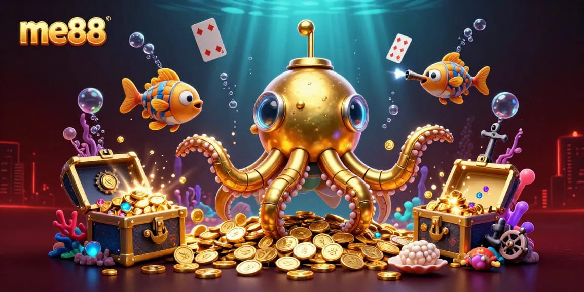 Win real cash with me88's exciting underwater casino adventure featuring golden kraken and mechanical fish.
