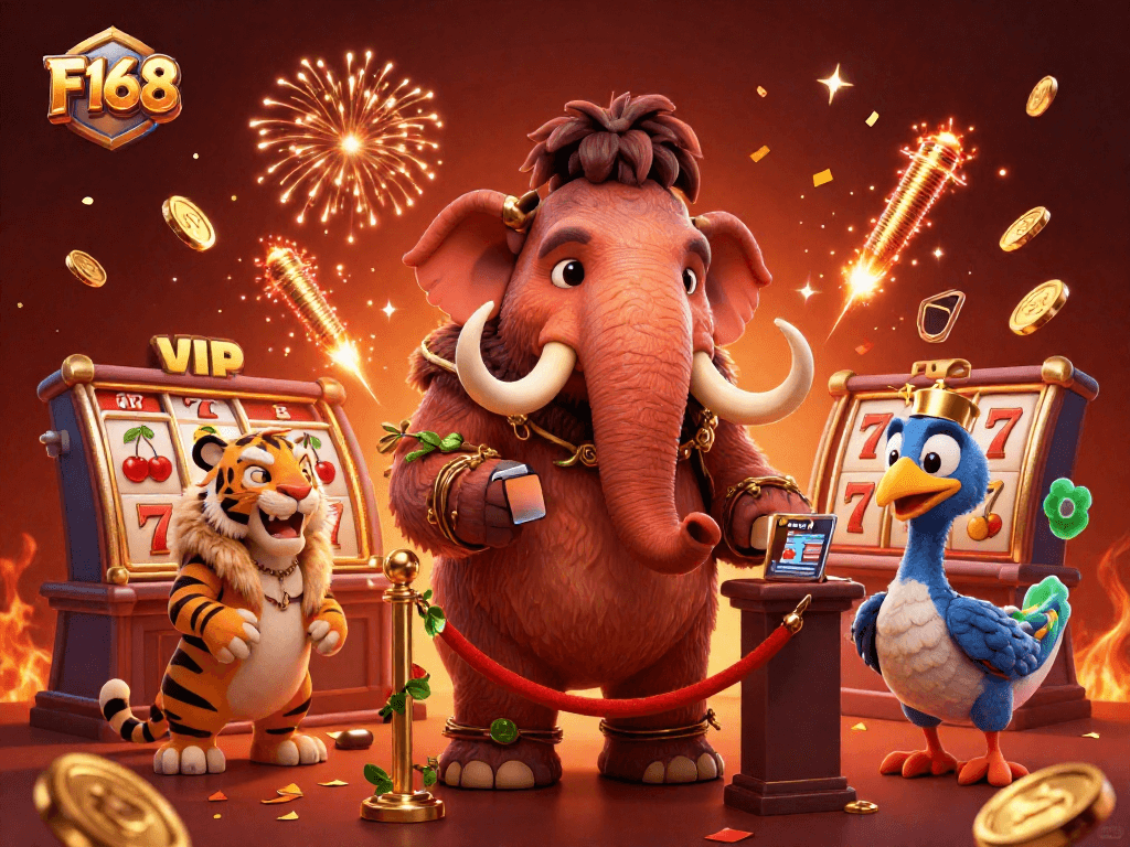 Experience the vibrant world of F168 with a wild casino bouncer, VIP guests, and festive gaming elements.