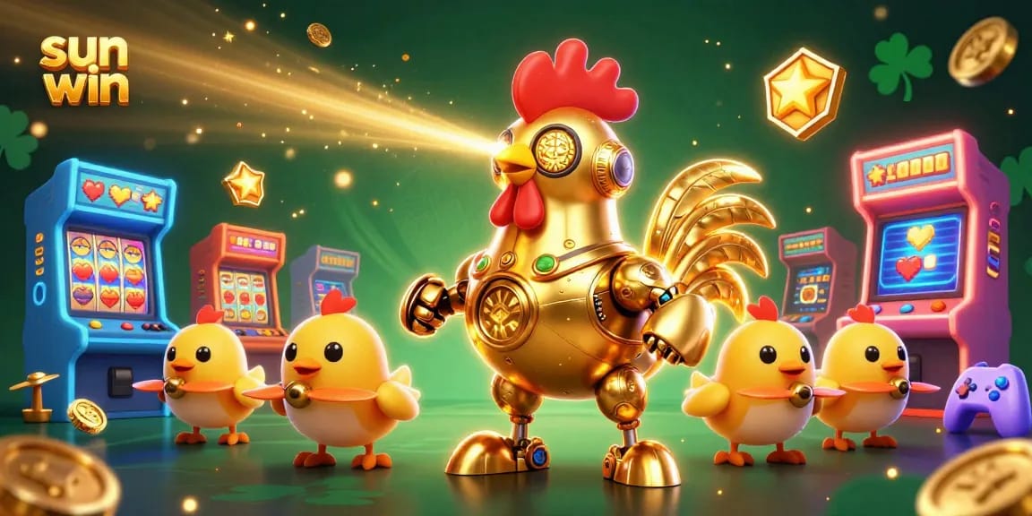 Experience the excitement of sun win with a lively 3D casino illustration showcasing golden gaming elements and vibrant characters.