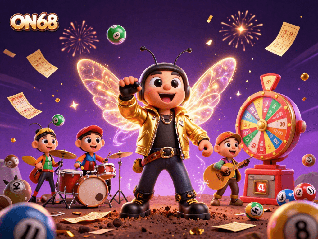 Experience ON68's thrilling atmosphere with a 3D cartoon cicada rock star leading a vibrant casino celebration.