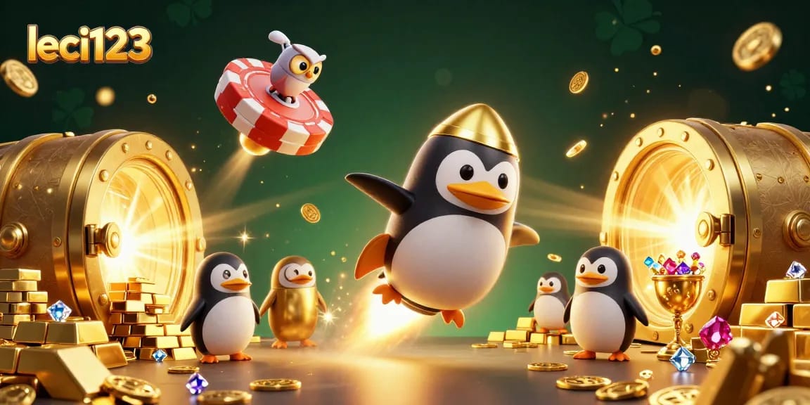 Experience the excitement of leci123 with a dynamic golden penguin soaring towards a casino in style!