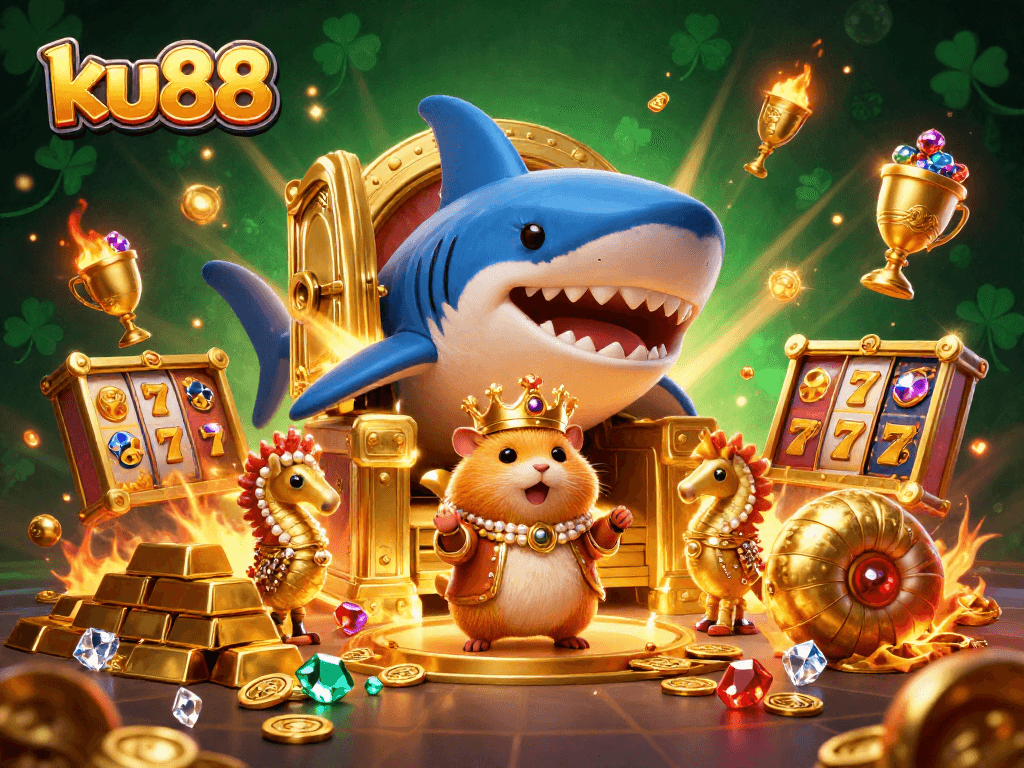 ku88 presents a vibrant scene of a golden hamster king and treasure elements in a dynamic casino setup.