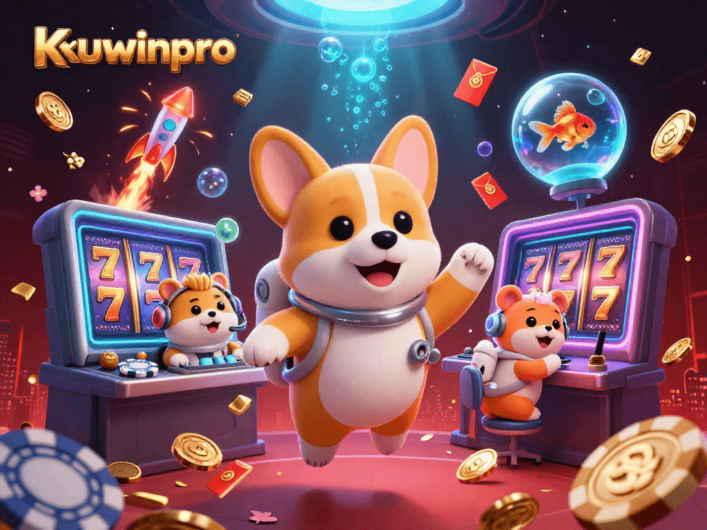 Experience thrilling jackpots at kuwinpro with a cartoon corgi astronaut amidst floating slots and coins