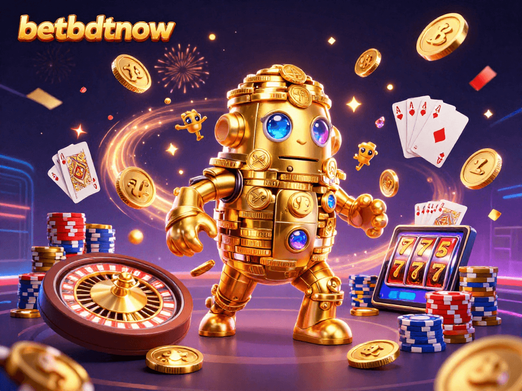 Experience thrilling action at betbdtnow with a vibrant 3D casino scene featuring golden golems and dynamic game elements.