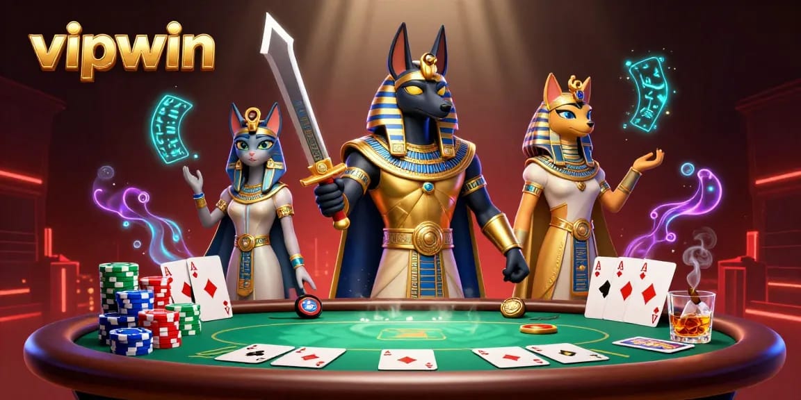 A dynamic scene showcasing vipwin with ancient Egyptian warrior Anubis and cat Bastet, poker chips, and glowing elements