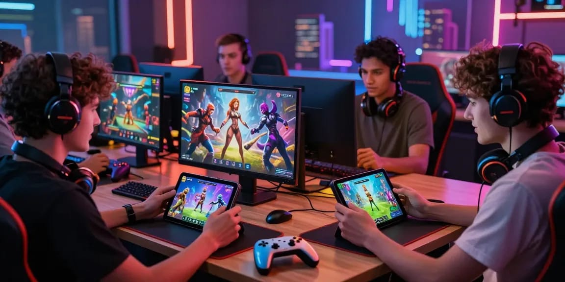 Dynamic gaming scene showcasing players engaged in android porn game experiences on tablets
