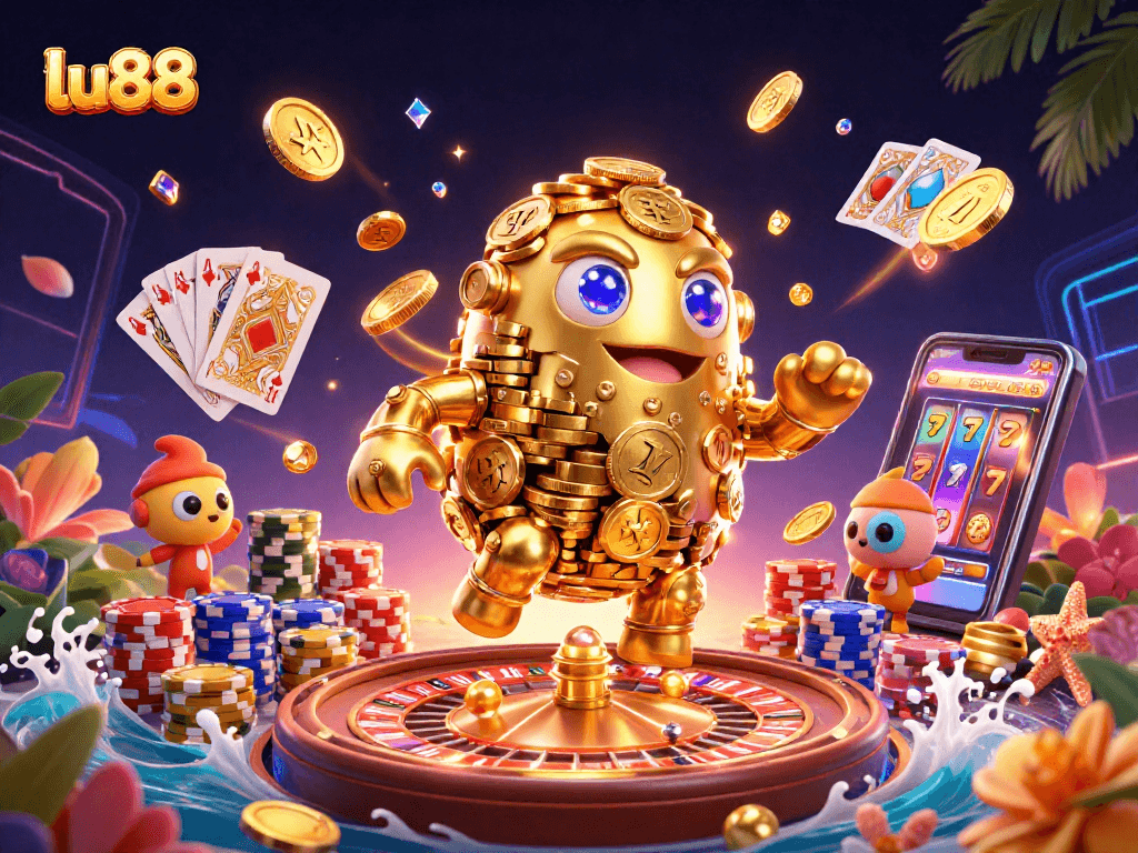 Experience wins at lu88 with thrilling casino elements including enchanted golden golem and vibrant gaming symbols.