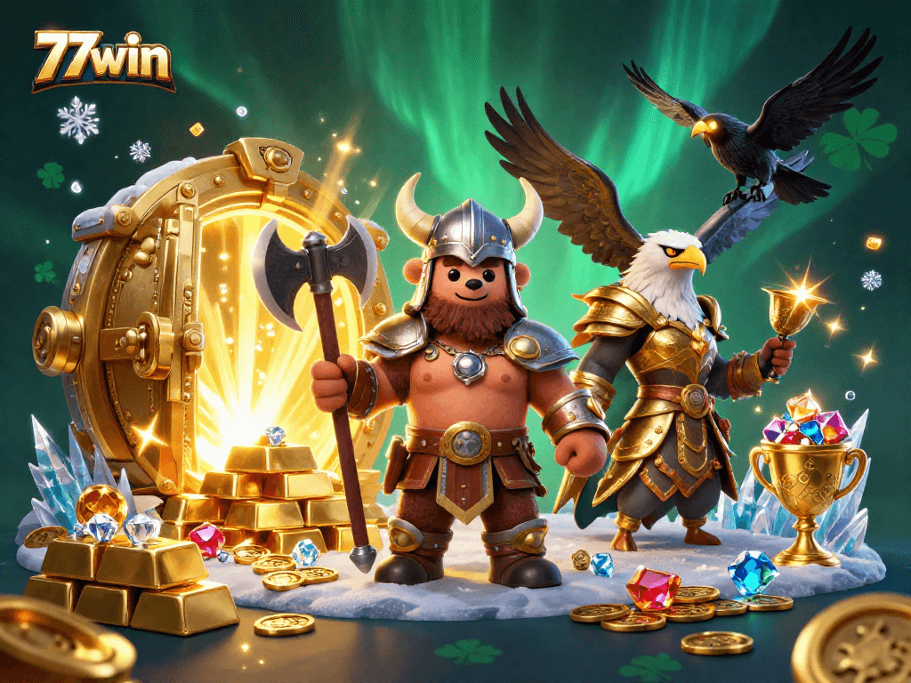 Experience epic wins at 77win with Vikings and treasures amidst dazzling casino visuals.