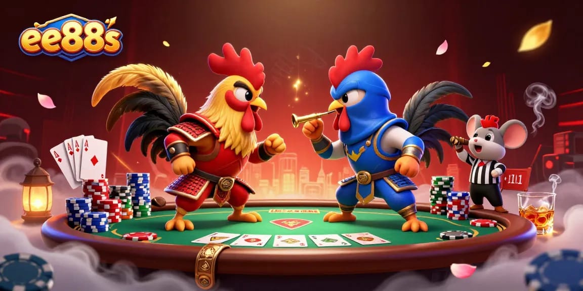 Betting showdown with ee88s energizing poker action between samurai and ninja roosters.