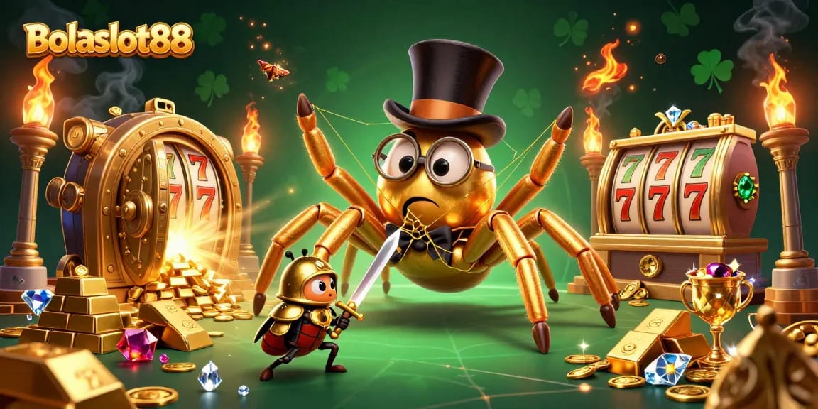 Bolaslot88 showcases an exciting slot adventure with a golden tarantula, a knight, and dazzling treasures in a dynamic casino scene.