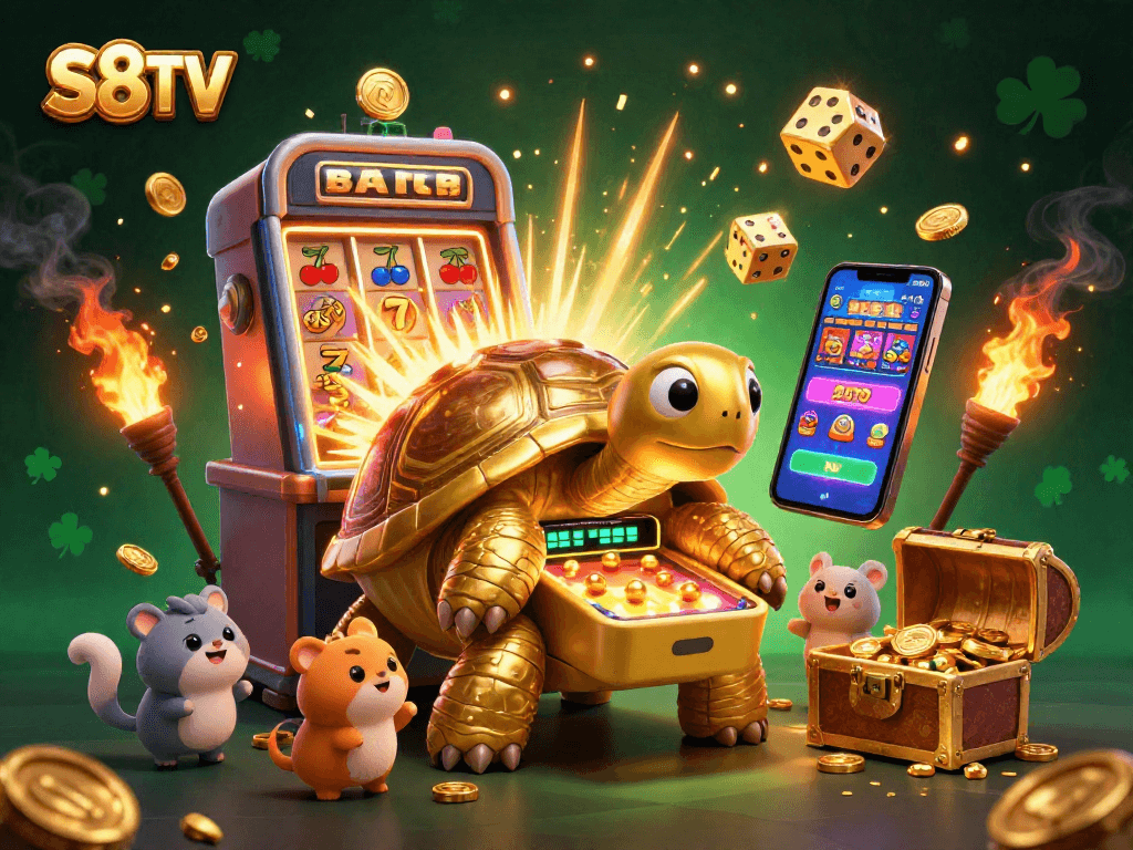 Experience thrilling gameplay with S8TV's dynamic casino scene featuring a golden tortoise and jackpot excitement.