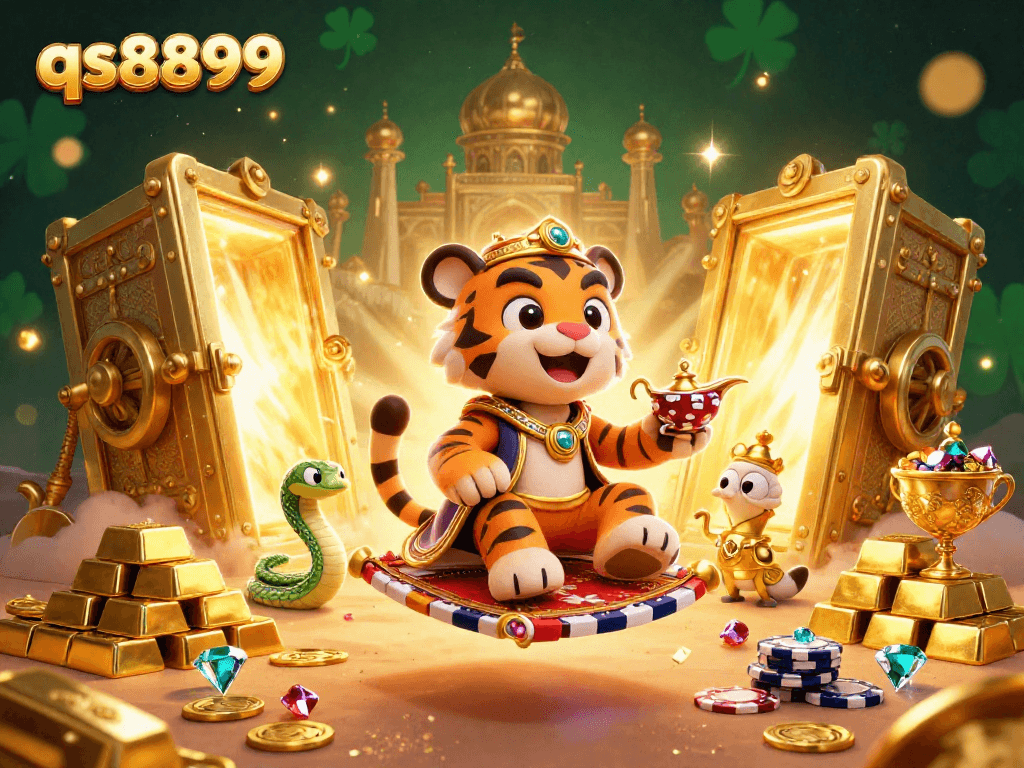 Experience qs8899 excitement with the sultan and genie amidst a treasure-filled casino scene.