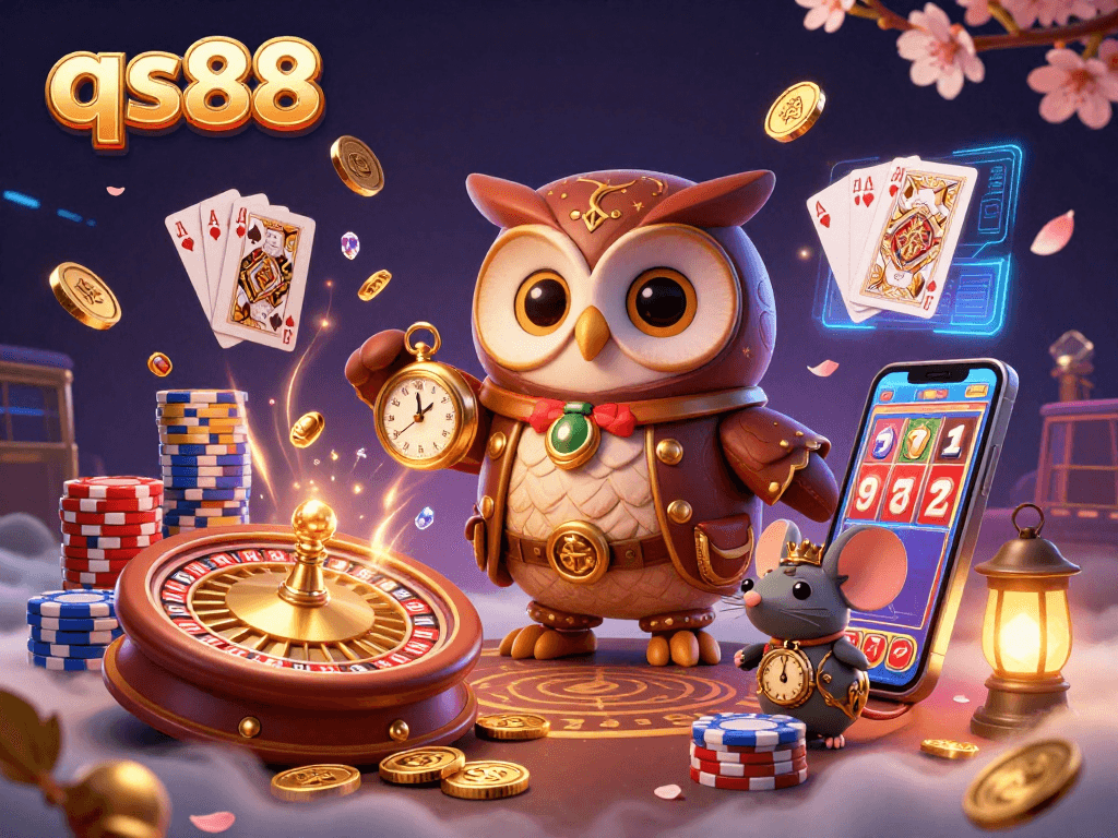 Experience thrill at qs88 with golden coins, vibrant poker chips, and a time-traveling owl in a dynamic casino scene.