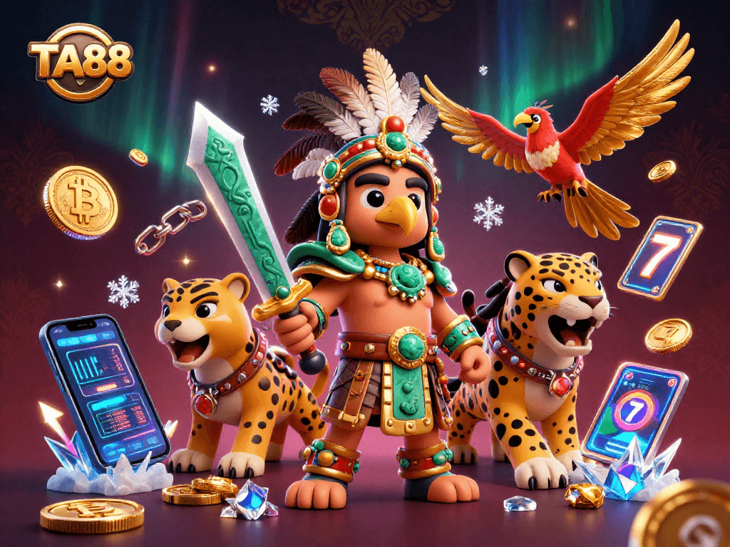 TA88 online casino game scene featuring Aztec warriors, crypto elements, and vibrant slot graphics.