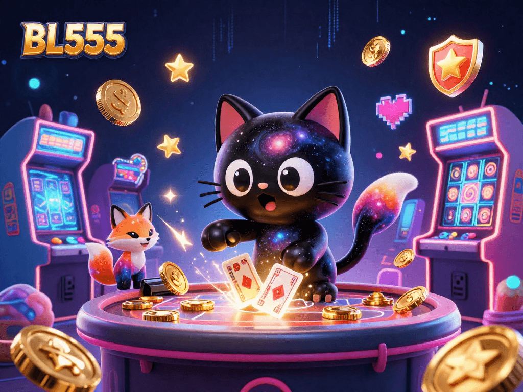 Engage in thrilling games at BL555, featuring a cosmic slot machine and inviting characters.