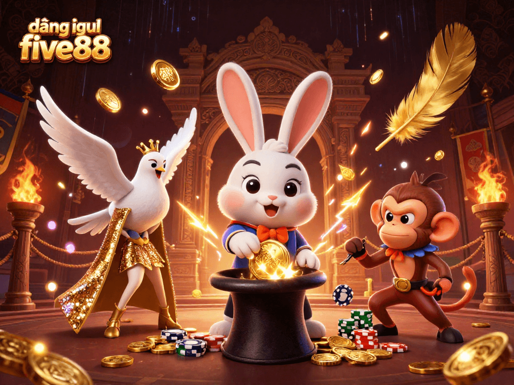 Engage in thrilling gaming with đăng nhập five88 while the magician rabbit, dove, and monkey animate a vibrant casino scene.