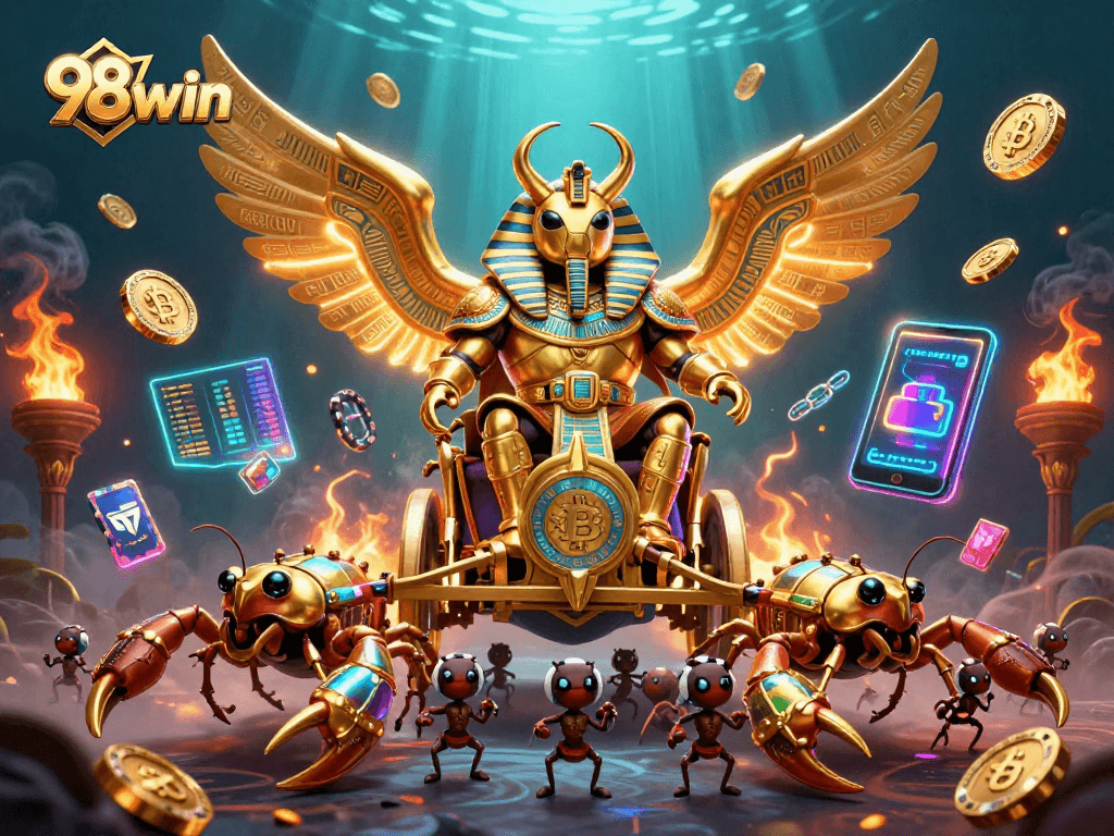 Engage in thrilling gambling with 98win's spectacular 3D casino scene featuring vibrant golden elements.