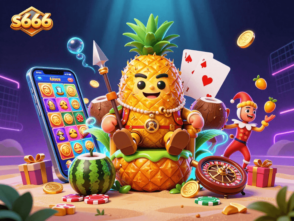 s666 players experience vibrant excitement with the golden pineapple king and immersive casino scenes.