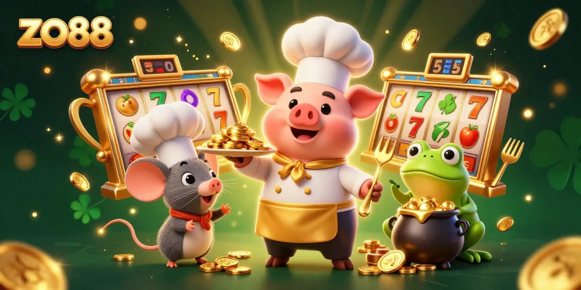 Experience the excitement of zo88 with gourmet gold coins, vibrant slot reels, and detailed characters.