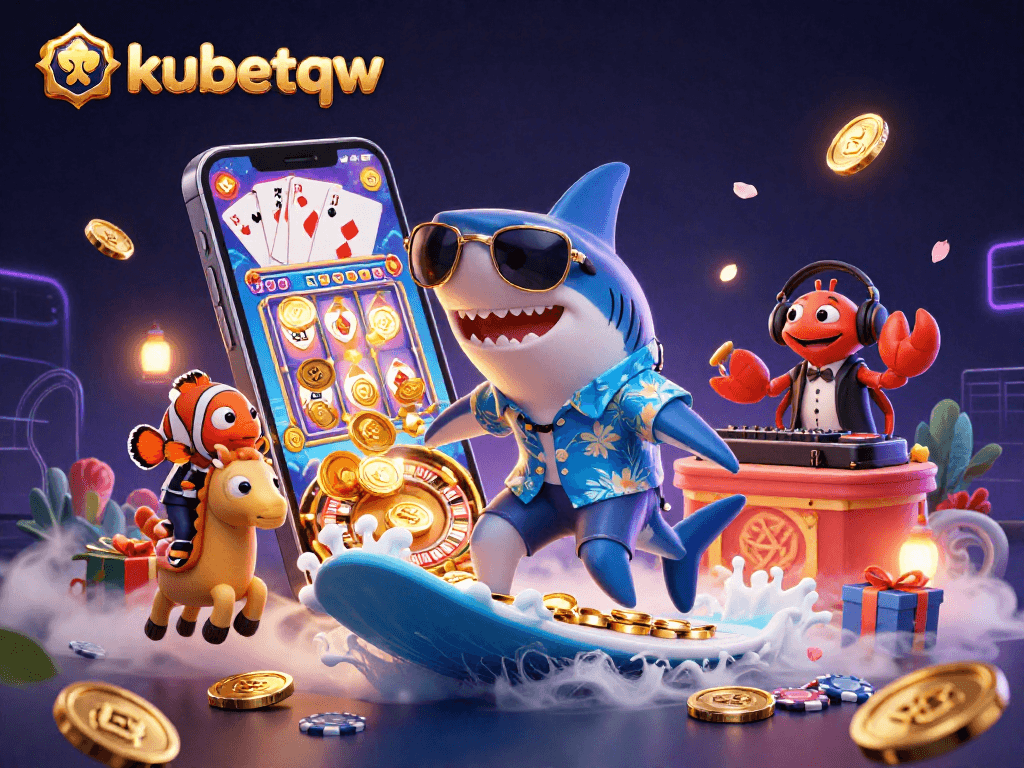 Experience thrilling wins with kubetqw as the shark surfs gold coins amidst vibrant casino elements.