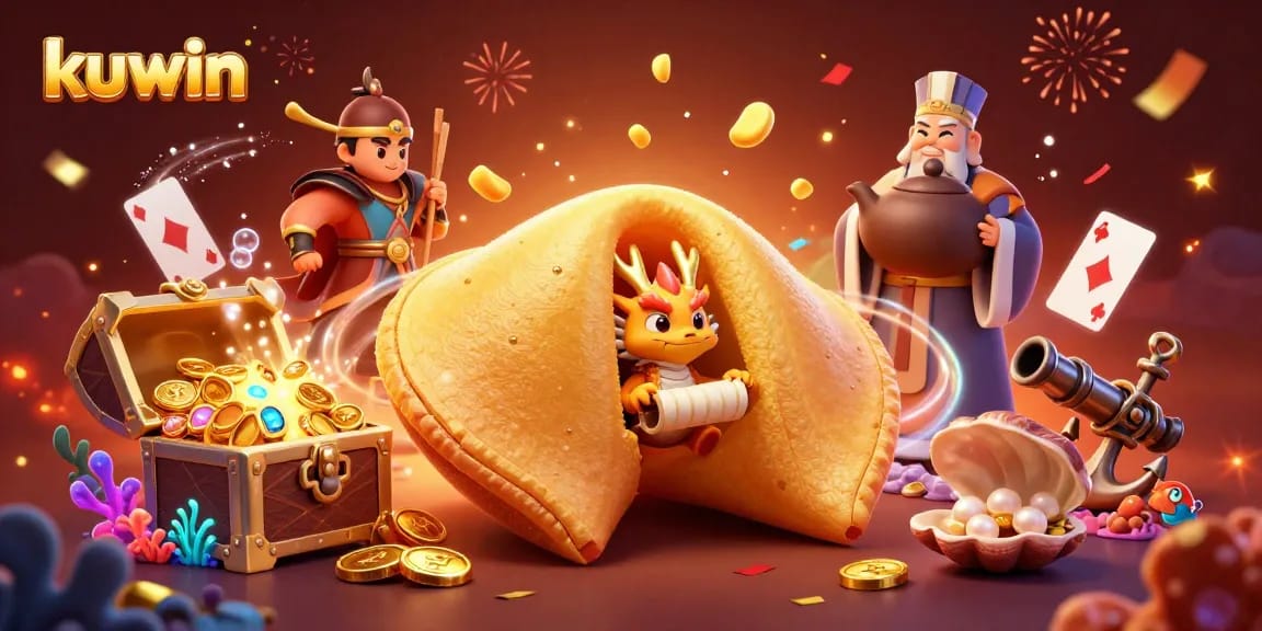 Kuwin offers dynamic casino experiences with vibrant illustrations of fortune cookies, dragons, and gold coins.