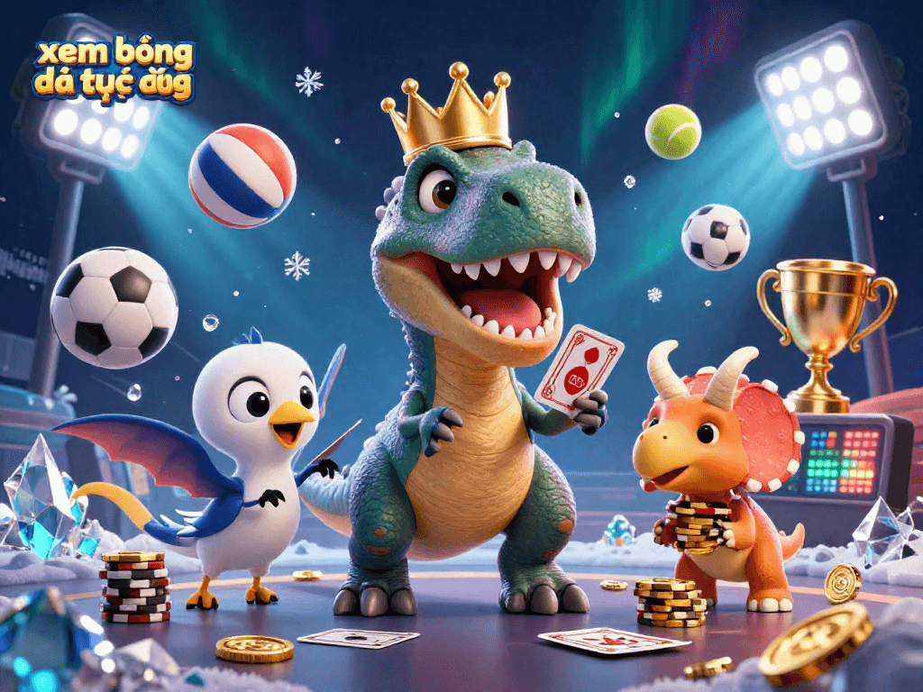 Engage in xem bóng đá trực tiếp with our vibrant cartoon scene of a T-Rex, pterodactyl, and triceratops all around dynamic sports elements.