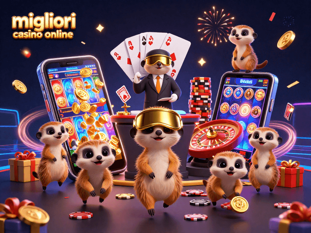 Gioca ai migliori casino online con divertenti personaggi di suricati in un'illustrazione colorata.