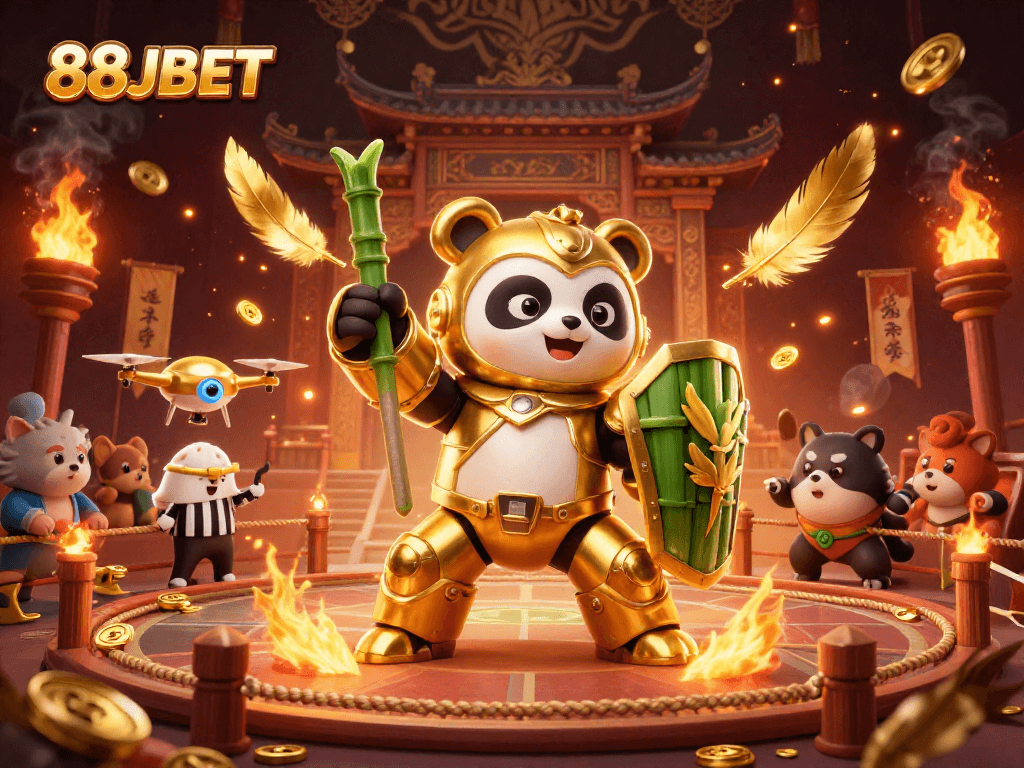 Engage in thrilling gambling action with 88JBET, featuring a golden panda in a mech-suit and bamboo robot.