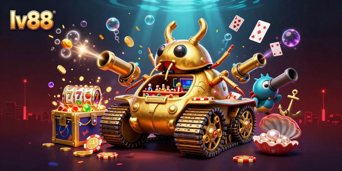 Engage with lv88's vibrant 3D casino scene, featuring a golden beetle tank showcasing exciting gaming elements.