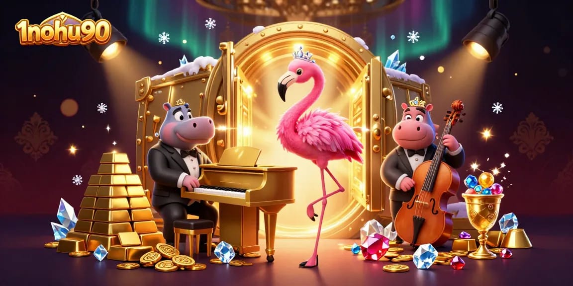 Experience the vibrant world of 1nohu90 as flamingo and hippo characters shine amidst dynamic casino elements.
