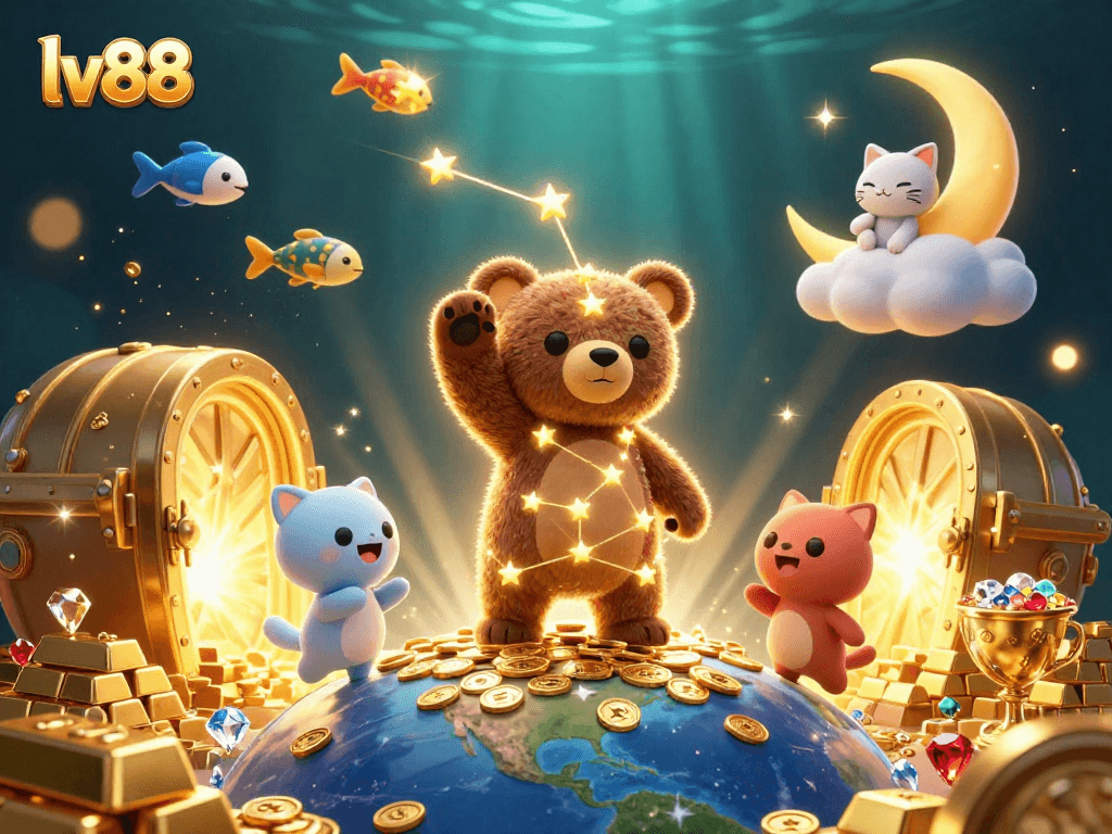 Experience thrilling wins at lv88 with vibrant casino-themed 3D illustration filled with treasures.