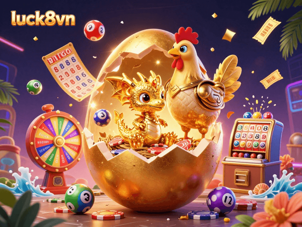 Engage in luck8vn's unique golden gaming experience with vibrant lottery elements and a triumphant golden dragon.