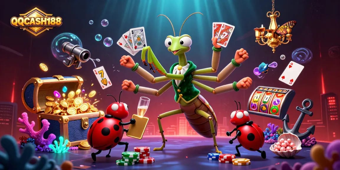 Engage in thrilling gameplay with QQCASH188 featuring a giant mantis dealer and vibrant casino elements!