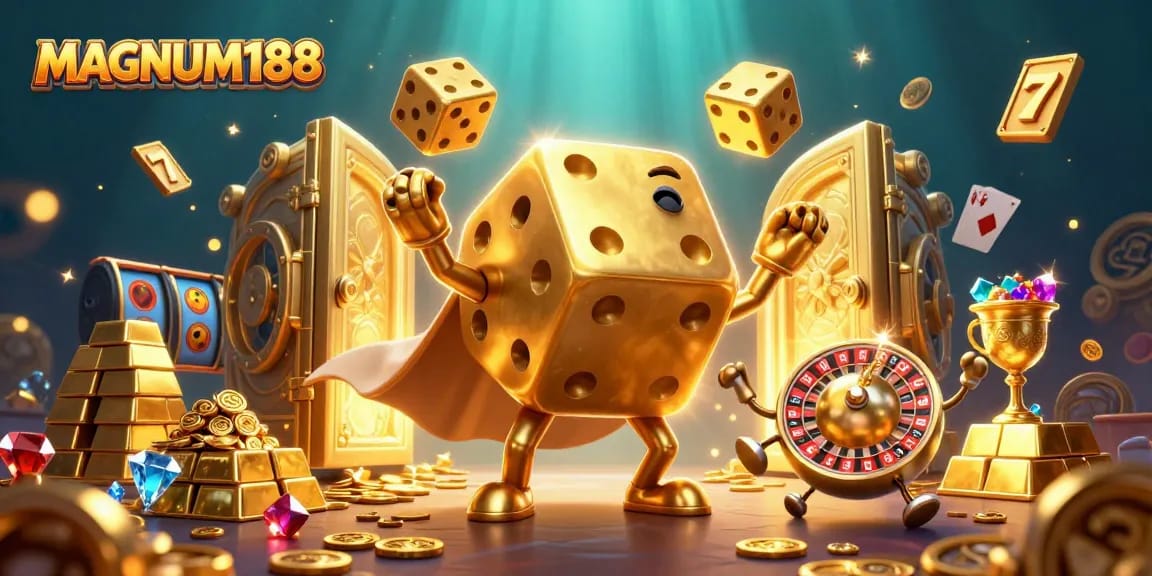 Experience winning with MAGNUM188, featuring golden dice, slot elements, and vibrant casino imagery.