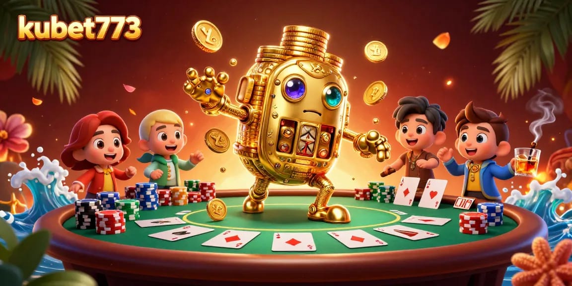 Engage with the kubet773 golden golem amidst an immersive poker scene, featuring chips and cards.