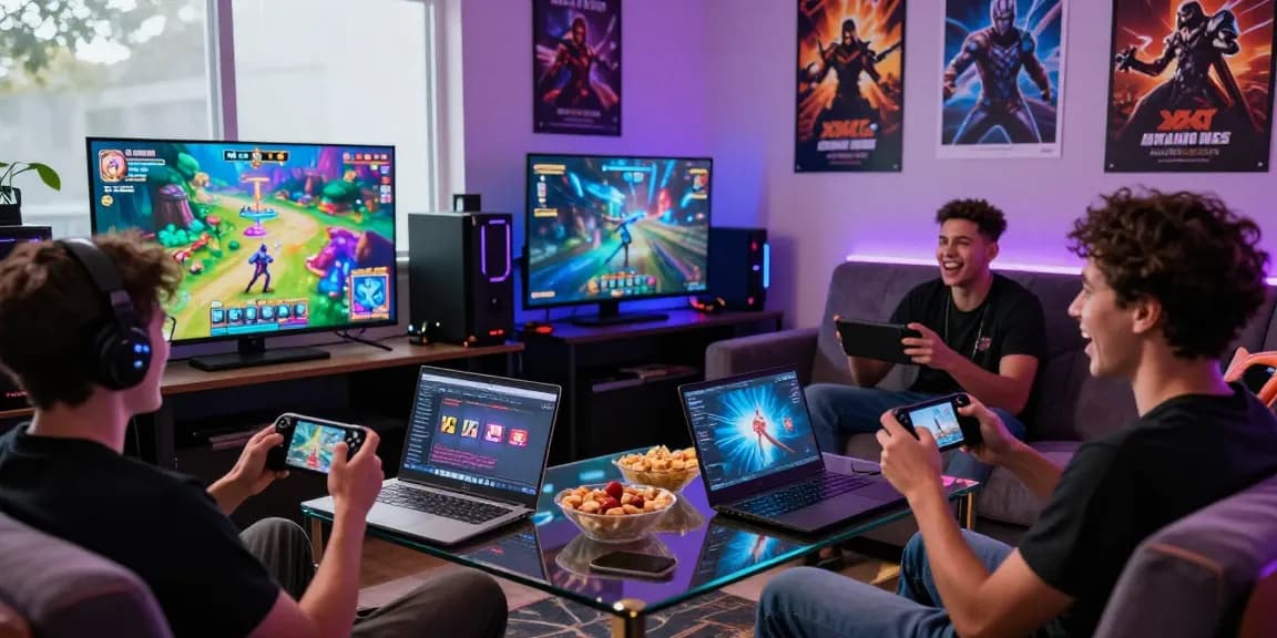 Group of friends enjoying various xxx games in a lively gaming lounge atmosphere with screens and snacks.